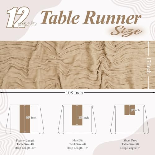 12 Pack Beige Cheesecloth Table Runner 17x108 Inch Boho Gauze Cheese