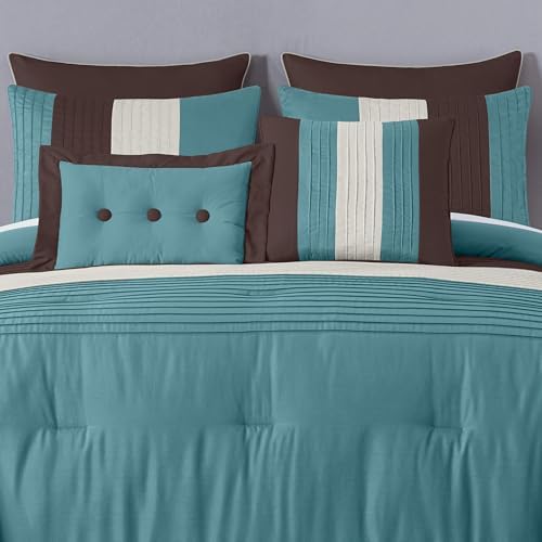 Loft 8-Piece Striped Comforter Set King, Blue/Beige/Chocolate Brown