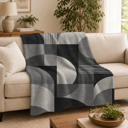 Grey Geometric Abstract Print Throw Blanket, Soft Lightweight Flannel