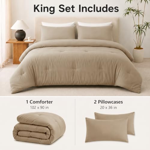 CozyLux King Comforter Set, 3 Pieces Down Alternative Bedding, Taupe