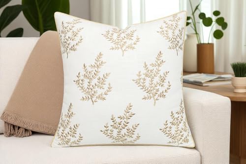 VAGMINE Embroidered Fern Leaf 18x18 Throw Pillow Cover, Ivory