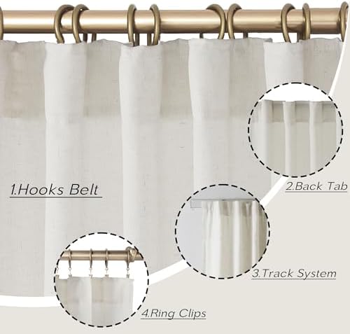 Linen Cotton Blend Curtains 63 Inch Length, Semi Sheer Hooks Rod