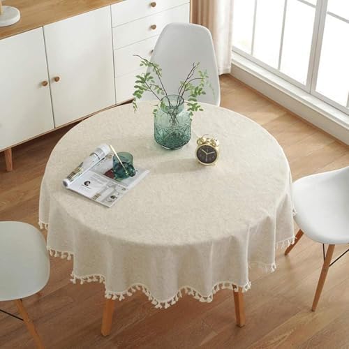Cotton Linen Round Tablecloth, Farmhouse Dust-Proof,Soft and Wrinkle