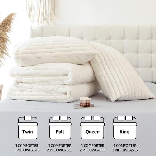 Smoofy Fluffy King Size Comforter 3 PCS - Cream White Fleece Bedding