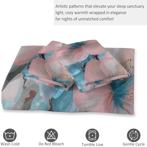 Watercolor Flowers Plants King Duvet Cover Set, Soft Microfiber