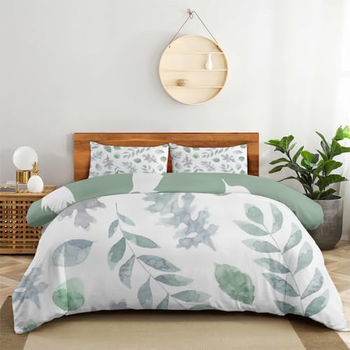 INFLAG Duvet Cover Green Floral Botanical Leaf, Reversible Bedding
