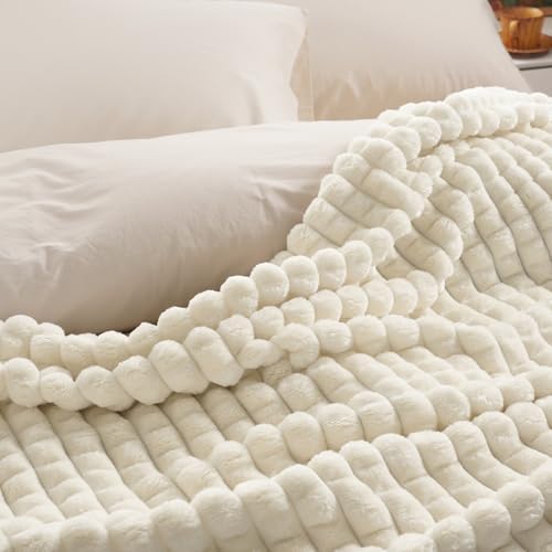 PHF Luxury Soft Fleece Blanket King Size for Bed No-Shed Cream