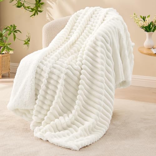 INFIIXSO Striped Sherpa Throw Blanket for Couch, Warm Plush, Cream