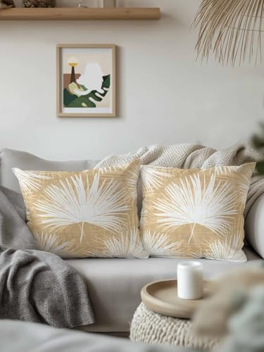 Throw Pillows 18x18 Set of 2, Beige Palm Leaves Coastal Waterproof