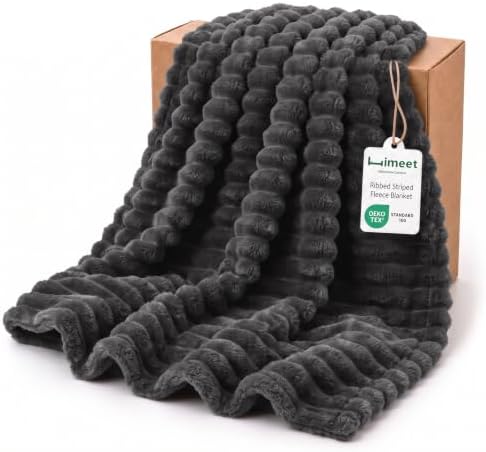 HIMEET Charcoal Grey Queen Blanket for Bed, 300GSM Ribbed Fleece, 90 x
