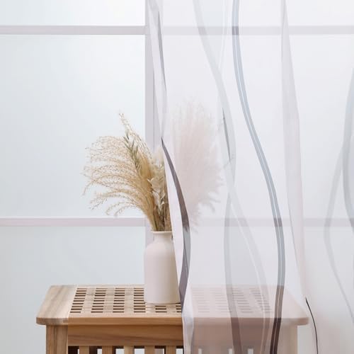 L.Z.E Grey and White Sheer Curtains 84 Inch Long 2 Panels Set, Light