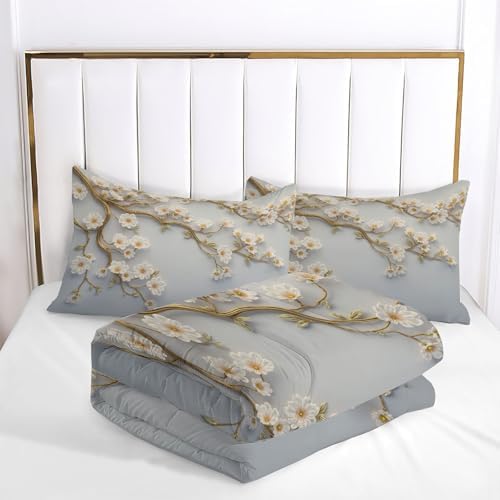 Duvet Cover Set King, 3D Flower and Leaf Relief Brushed Microfiber