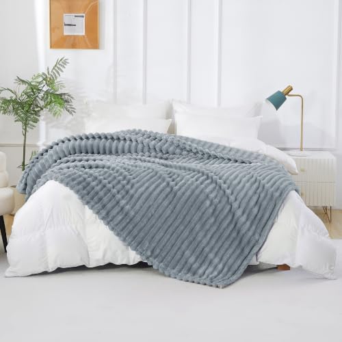 Taliska Ribbed Fleece Throw Blanket for Bed, Grey, 90"x90"