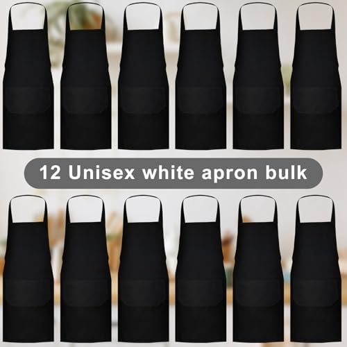 12 Pack Bib Apron,Unisex White Plain Aprons,Aprons Bulk with 2