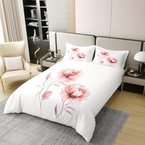 Blush and Grey Flower 100% Cotton Duvet Cover Set Queen