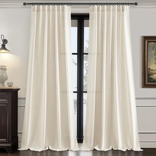 Living Room 102 Inch Long Curtains Thick Linen Blend Cream Pleated