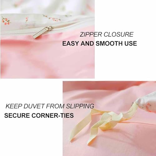 Pink Floral Duvet Cover Queen Size, 3 Piece White Flower Botanical