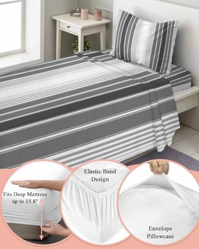 Gray Vertical Stripes Twin XL Bed Sheets,Breathable Cooling Sheets