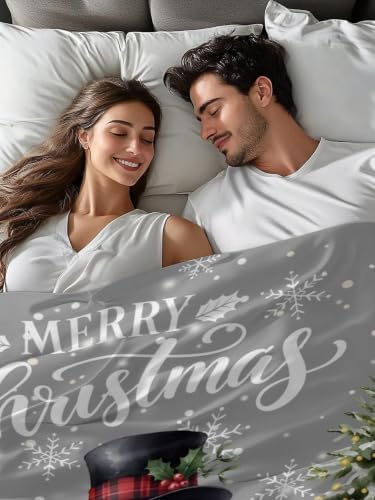 Cal King Size Flat Sheet Only, Winter Snowman Snowflake on Gray Bed