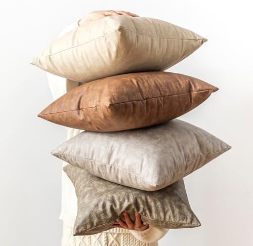 GEGELICA Pack of 4 Neutral Decorative Faux Leather Throw Pillow Covers
