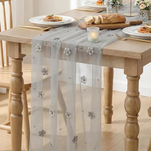 Artoid Mode Gray Flower Pearl Gray Gauze Table Runner 10FT, Seasonal