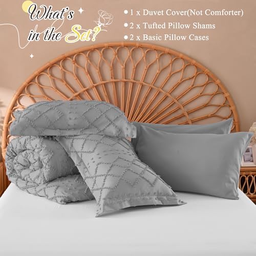 Manyshofu Grey Tufted Duvet Cover Set, 5 Piece Boho Full Bedding