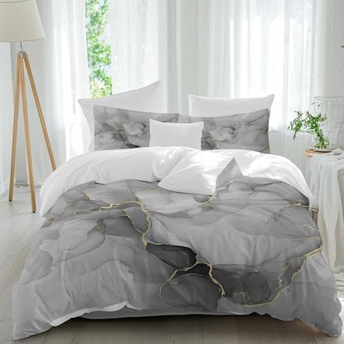 Grey Marble Bedding Queen Duvet Cover Set, 3 Piece Microfiber Soft