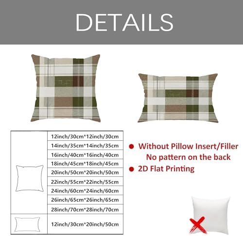 Plaid Throw Pillow Covers Set of 2, Green and Brown Checkered Cushion