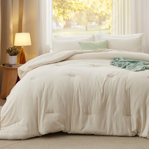 Bedsure Oversized Queen Comforter Prewashed Bedding Set 3Pcs Cream