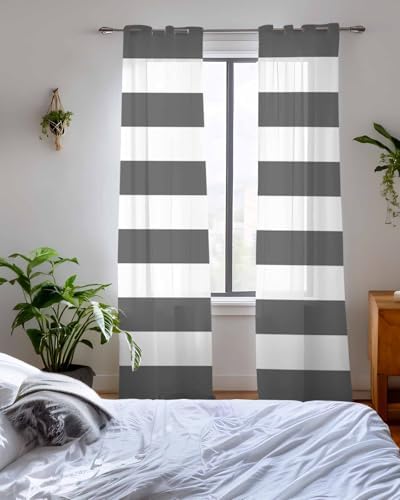 Grey Stripes Sheer Curtains 63 Inch Length Grommet Semi Sheer Drapes