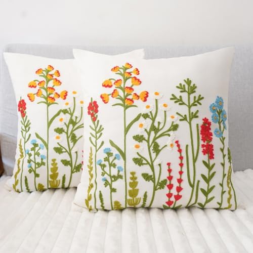 Embroidered Throw Pillow Covers 18x18 Set of 2 with Zipper, Flower