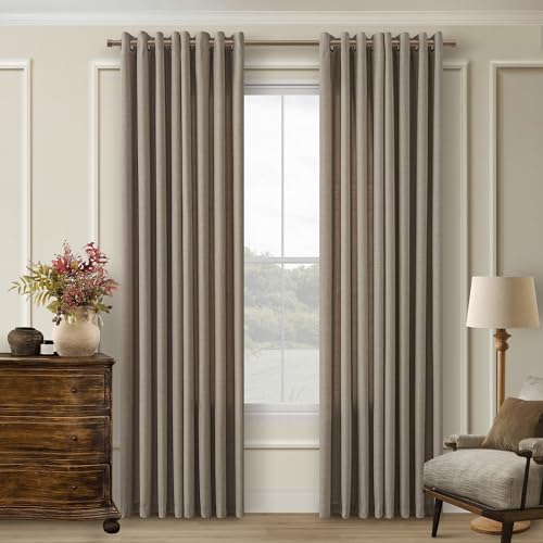 Tan Brown 84 Inches Semi Sheer Faux Linen Curtains for Living Room