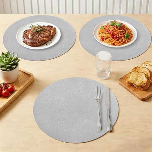 Minimalist Gray Faux Leather Placemats Set of 6, 15in, Waterproof Heat