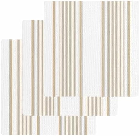 Beige Striped Dish Towels Set, Waffle Weave Kitchen Towels 3 Pieces