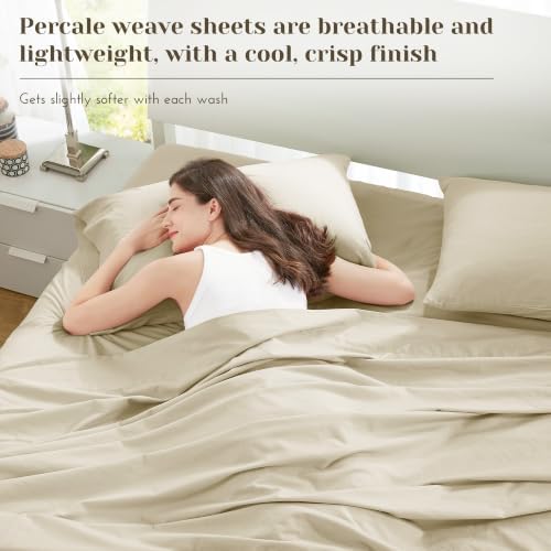 Comfort Spaces 100% Cotton Percale Sheets Twin Sheet Set 3 Pcs, Cream