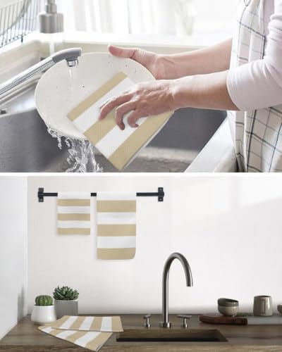 Beige White Striped Dish Towels Set, Waffle Weave Kitchen Towels