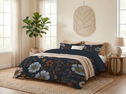 Charcoal Gray Retro Floral Vines King Duvet Cover Set Microfiber