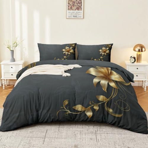 Dark Gray Duvet Cover King Size, Luxury Vines Leaves Florals Soft