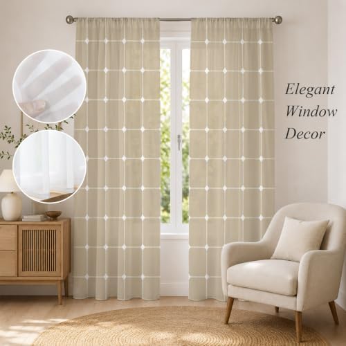 T&H XHome Minimalist Sheer Curtains 108 Inch Long 2 Panels Grid Lines