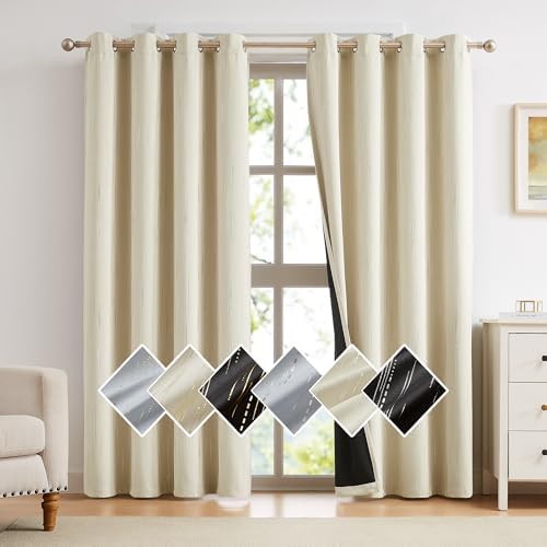 Beige Blackout Curtains 63 inch Length for Living Room,Gold Foil