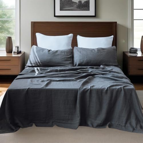 QKTE 100% Natural Linen Sheets Set 4 Piece - Washed Linen Bedding Set