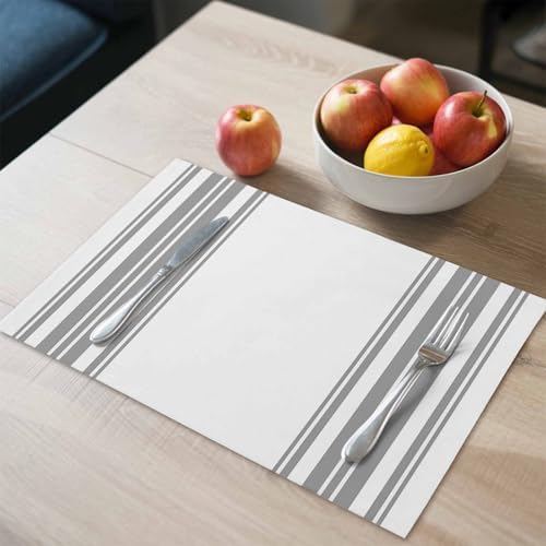 Placemats Set of 8, Grey Lines on White Washable Table Mats for Dining