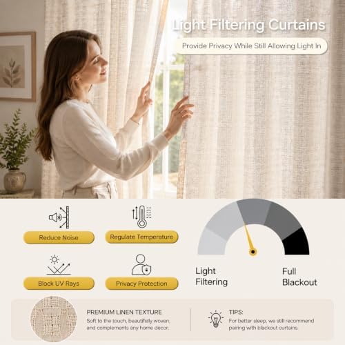 Linen Textured Sheer Boho Curtains for Living Room Rod Pocket Top