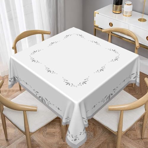 70x70inches White Grey Square Tablecloth Minimalism Grey Leaves