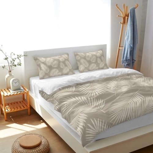 Taupe Palm Leaves Duvet Cover Queen Size, Tropical Plants Leaf Modern
