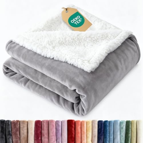 Sherpa Fleece Blanket Queen Size - Reversible Blanket - Grey, 90" x