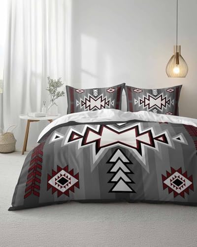 Duvet Cover Set Full, Retro Bohemian Gray Pattern 3 Piece Bedding Set