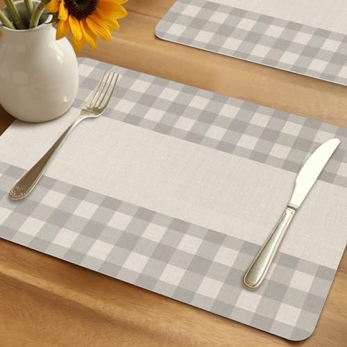 Rectangle Placemat Set of 6 Gray Buffalo Check on Retro Linen Faux