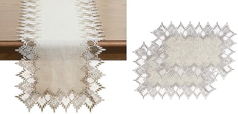 Natural Neutral Earth Tones Beige Lace Linen Table Runner 72 inches
