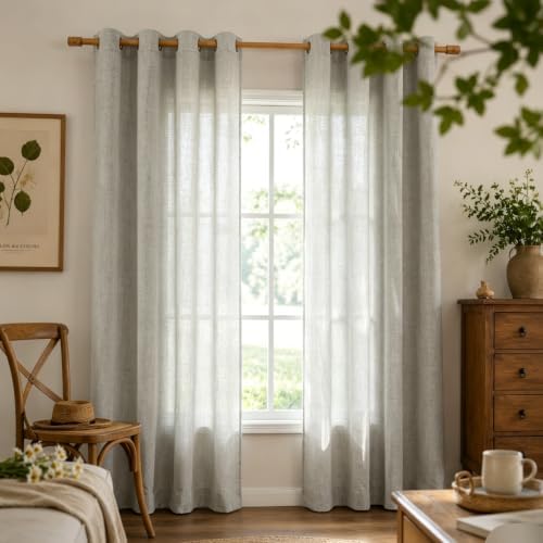 Linen Curtains 63 inch Long,Light Filtering Semi Sheer for Bedroom